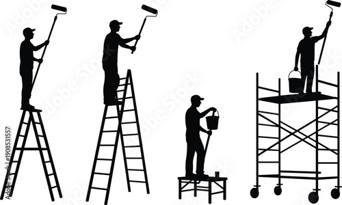 Painter worker silhouette set showing people painting walls with rollers on ladders and scaffold, professional construction icon collection isolated on white background