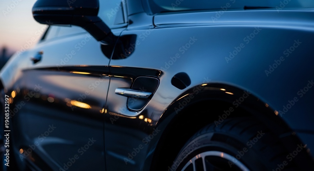 Fototapeta premium Sleek Black Car Exterior Side View Mirror and Door Handle Details.