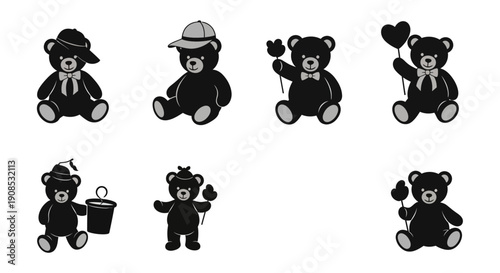A collection of monochrome teddy bear silhouettes each posing with different accessories and attire high quality professional detailed modern