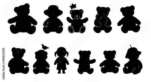A collection of silhouetted teddy bears in various poses alongside a small bird and flower high quality professional detailed