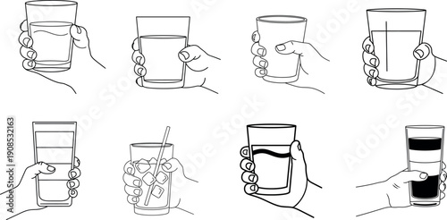 Hand holding glass vector set of line art beverage drinking icons isolated on transparent background