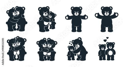 A collection of black silhouette teddy bears in various poses including hugging and holding hearts high quality professional detailed