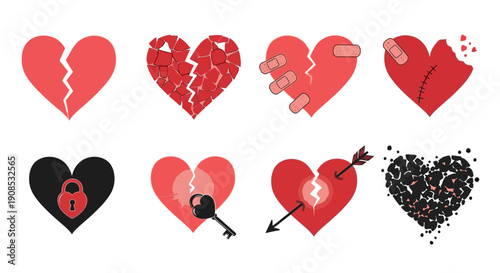 A collection of red heart illustrations depicting various states of damage repair and emotional concepts high quality professional detailed