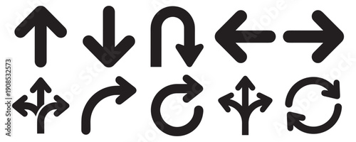 Directional arrow icons with turn, rotate and navigation symbols vector set on transparent background
