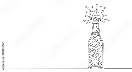 Line drawing of a bottle with bubbles exploding from the top on a transparent background showcasing a festive atmosphere and celebration spirit.