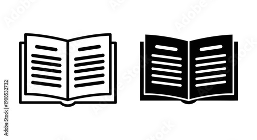 Open Book Reading Icon Set: Outline and Solid Black Flat Vector Design for Education, Learning, Library, and Literature Concepts