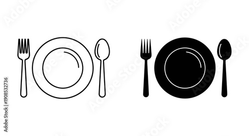 Elegant Place Setting Icon with Plate, Fork, and Spoon, Ideal for Restaurant, Dining, and Catering Services.