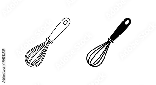 Kitchen Whisk Icon Set: Outline and Solid Black Flat Vector Design for Baking, Cooking, Restaurant, and Food Preparation Graphics
