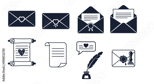 A collection of vintage communication icons including letters scrolls and writing tools in a dark blue hue high quality