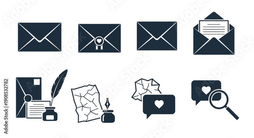 A collection of dark blue monochrome icons depicting letters envelopes and related communication elements high quality professional detailed modern