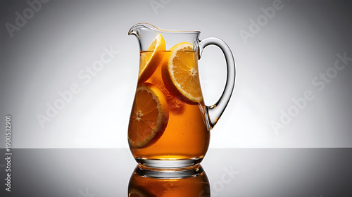 Glass pitcher filled with orange juice, isolated