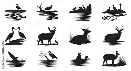A collection of black silhouette illustrations depicting various waterfowl deer and natural lakeside scenes high quality professional detailed modern