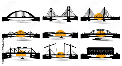 A collection of black silhouette bridge designs with circular sun elements showcasing diverse architectural styles high quality professional detailed