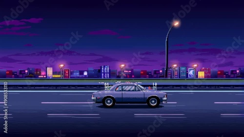 Retro pixel art car driving on a city highway at night. Nostalgic gaming aesthetic evoking a sense of adventure and exploration