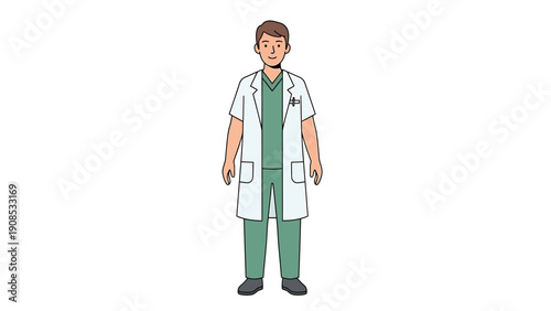 Doctor Illustration: Healthcare Professional in Lab Coat and Scrubs, White Background