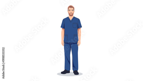Male Doctor in Blue Scrubs, Healthcare Professional Character Illustration