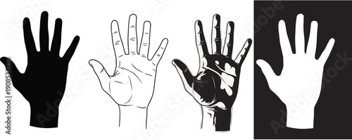 Stylized human hand illustration set featuring silhouette, line drawing, high contrast shading, and negative space design for creative vector art projects
