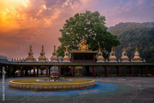 Morning time inside Tibetan monastery with magical sunrise atmosphere near Pokhara, Nepal.