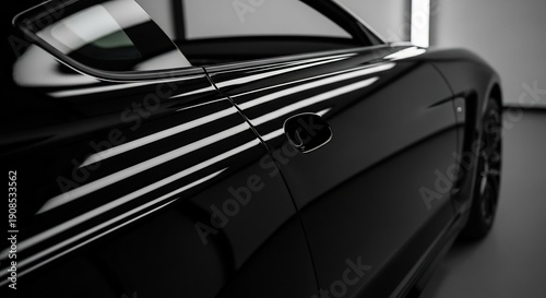 Sleek Black Sports Car A Detailed CloseUp of the Exterior Design and Reflective Surfaces.
