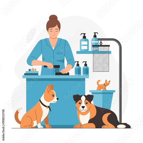 Professional dog groomer styling pets, grooming table with dogs and supplies