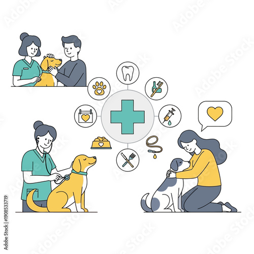 Veterinary Care: Doctors Examine Dogs, Medical Icons, and Pet Health Concept