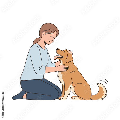 Woman petting golden retriever dog, happy pet owner bonding with loyal companion, indoor scene
