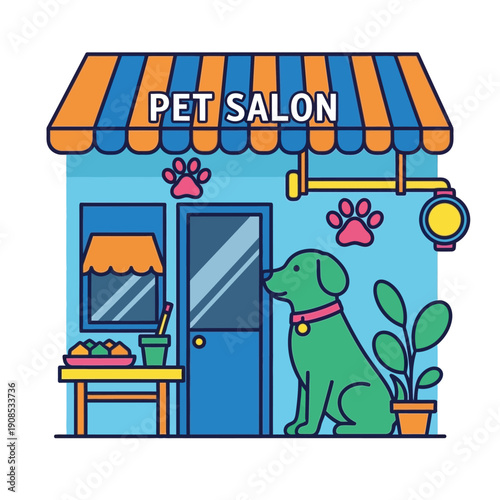 Green dog sitting outside pet salon with paw prints and awning