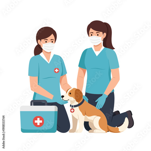 Veterinary first aid: two nurses in uniform and masks care for a dog