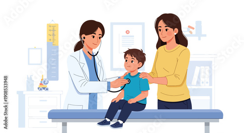 Flat vector illustration of pediatric doctor listening to child’s heartbeat with stethoscope, showing trust, medical examination, and professional healthcare support in clinic