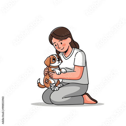 Caring woman hugging injured puppy with bandage, showing love and compassion