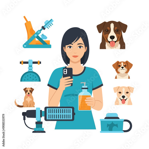 Woman grooming dog with grooming tools and smartphone app, pet care concept