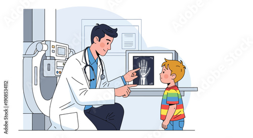 Modern flat vector illustration of doctor showing X-ray to child in friendly way, explaining treatment and diagnosis with trust and positive medical communication
