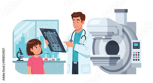 Modern flat vector illustration of doctor showing X-ray to child in friendly way, explaining treatment and diagnosis with trust and positive medical communication