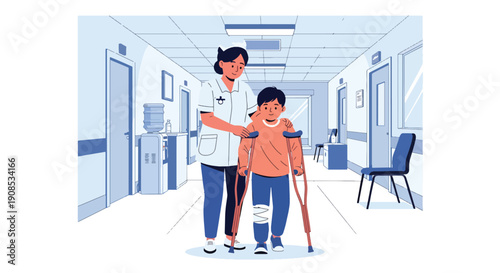 Flat vector illustration of nurse helping injured child walk with crutches in hospital corridor, showing rehabilitation, recovery, and supportive pediatric care