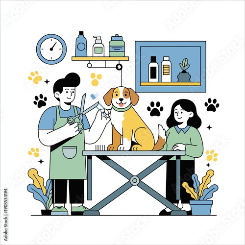 Professional dog grooming service: groomer cutting dog's fur with scissors, owner watching