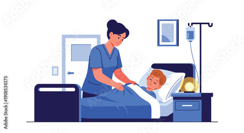 Modern flat vector illustration of nurse adjusting blanket and pillow for child at bedside, showing night care, safety, and compassionate pediatric support