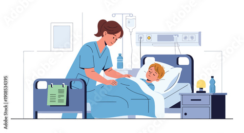 Modern flat vector illustration of nurse adjusting blanket and pillow for child at bedside, showing night care, safety, and compassionate pediatric support
