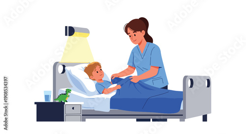 Modern flat vector illustration of nurse adjusting blanket and pillow for child at bedside, showing night care, safety, and compassionate pediatric support