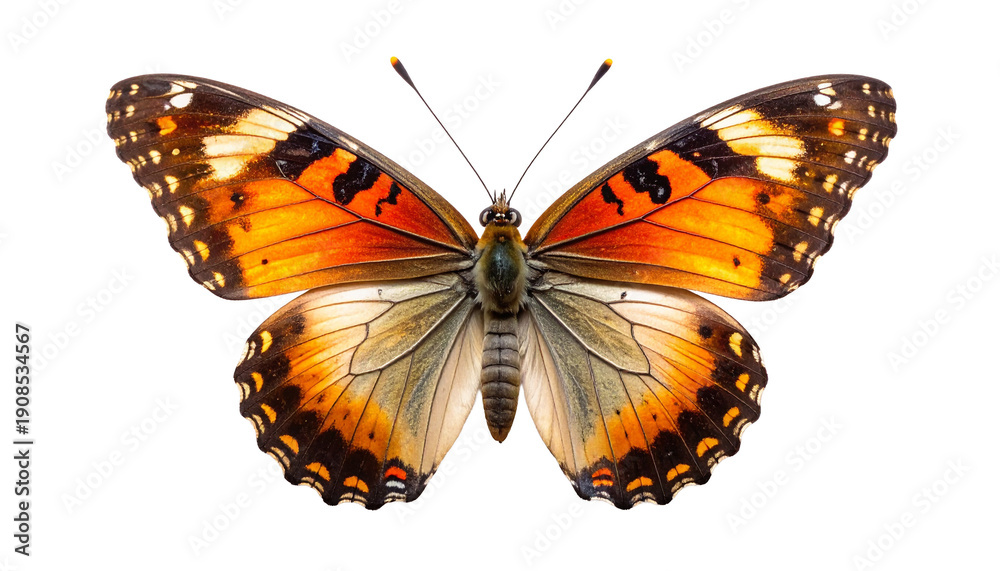 Fototapeta premium Stunning orange and black butterfly with intricately patterned wings, viewed from above. Macro photography of a beautiful lepidopteran insect isolated on a transparent background for easy use.