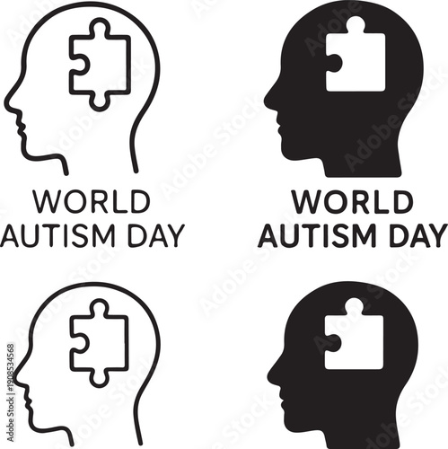 World Autism Day Icon: A set of four icons, each featuring a silhouette of a person's head with a puzzle piece symbol representing autism awareness. Accompanied by the text World Autism Day.