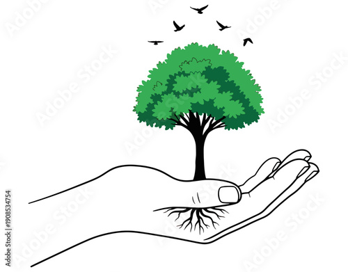 A hand gently cradling a small tree symbolizing care for nature and growth