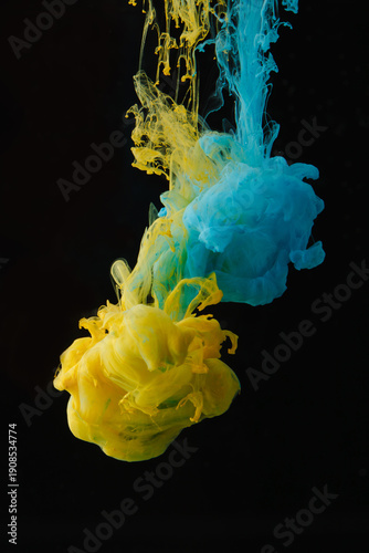 Photos Dissolving Yellow and Cyan Pigments in Water Abstract Art