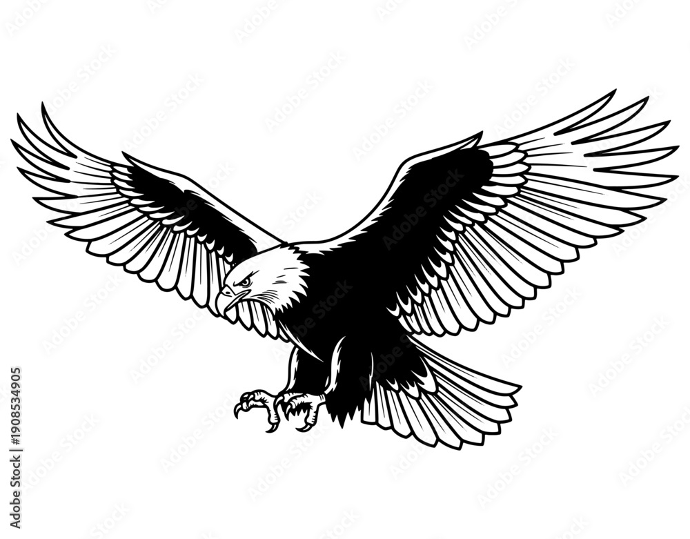 Fototapeta premium Majestic bald eagle in mid-flight with outstretched wings and sharp talons