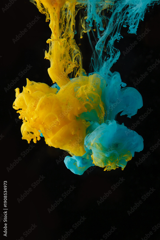 Obraz premium Dissolving Yellow and Cyan Pigments in Water on Black Background