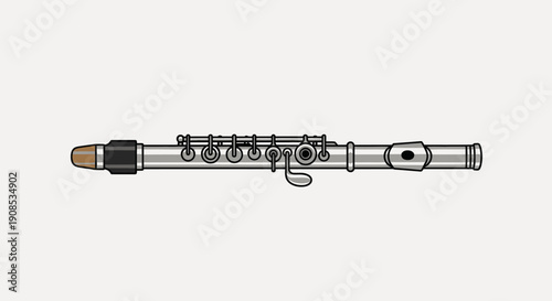 Detailed illustration of a silver flute woodwind musical instrument, side view, isolated white background.