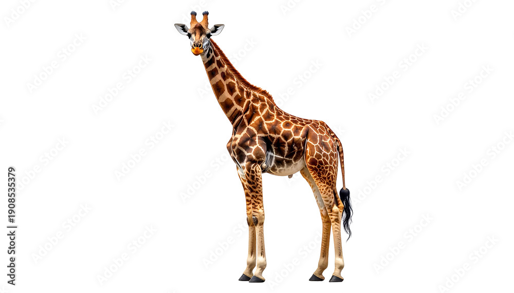 Obraz premium Realistic illustration of a single beautiful giraffe. Full body studio portrait of the wild african animal standing tall with a long neck, isolated on a transparent background for easy use.