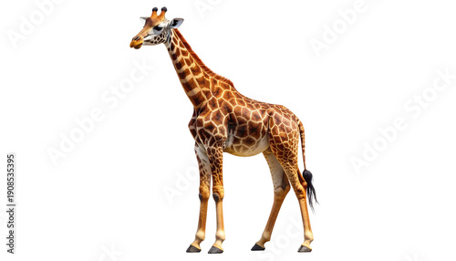 Full body realistic giraffe standing gracefully. African savanna wildlife mammal with long neck and distinctive spotted coat pattern, isolated on a transparent background for easy compositing.