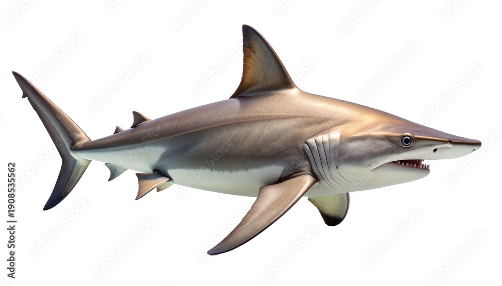 Obraz premium Full body view of a realistic requiem shark, a dangerous marine predator swimming. Aquatic wildlife animal isolated on a transparent background, perfect for educational or creative projects.