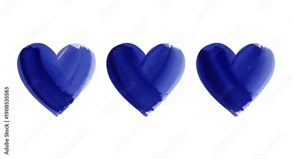 Fototapeta premium Three Brushstroke Hearts in Deep Blue on White