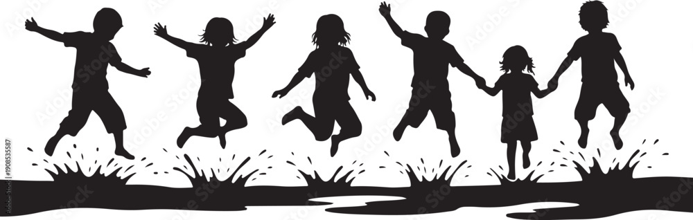 Fototapeta premium Silhouette of happy family jumping together in grass